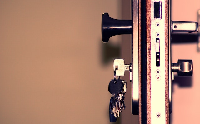 a keyring in a locked front door